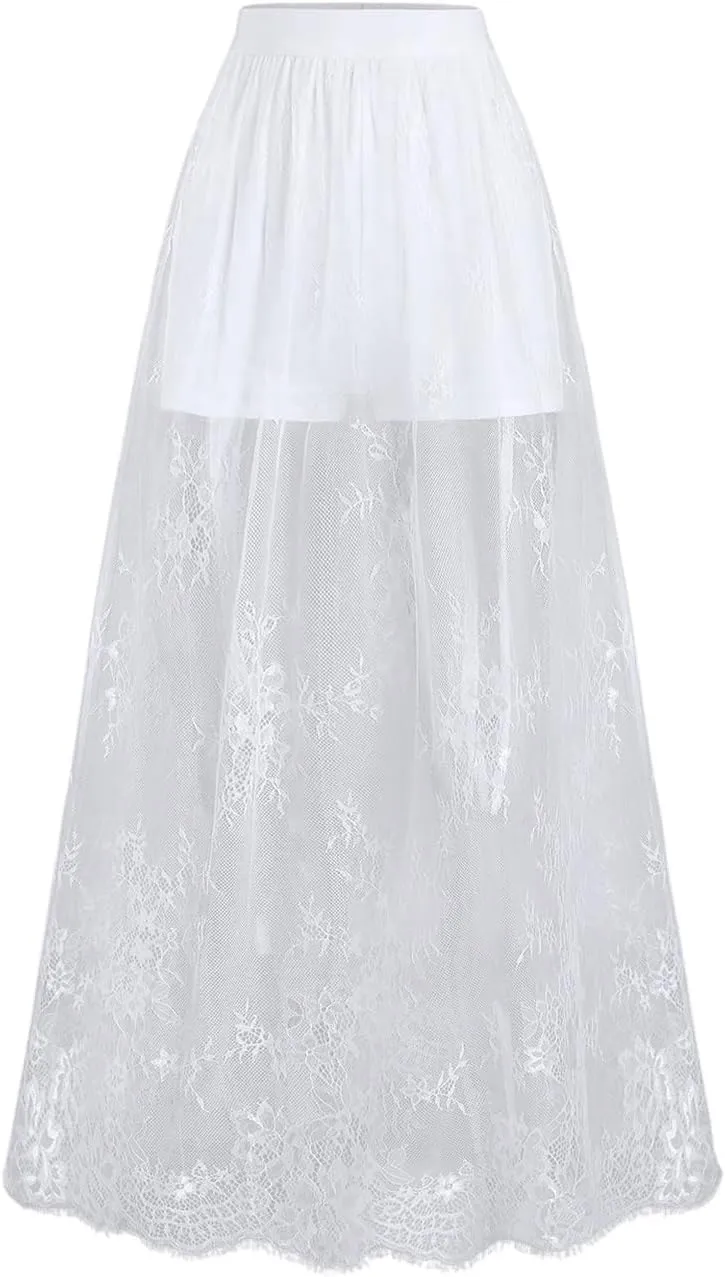 Verdusa Women's Lace Maxi Skirts Flowy Mesh Festival Outfit Rave Beach Vacation Long Skirt