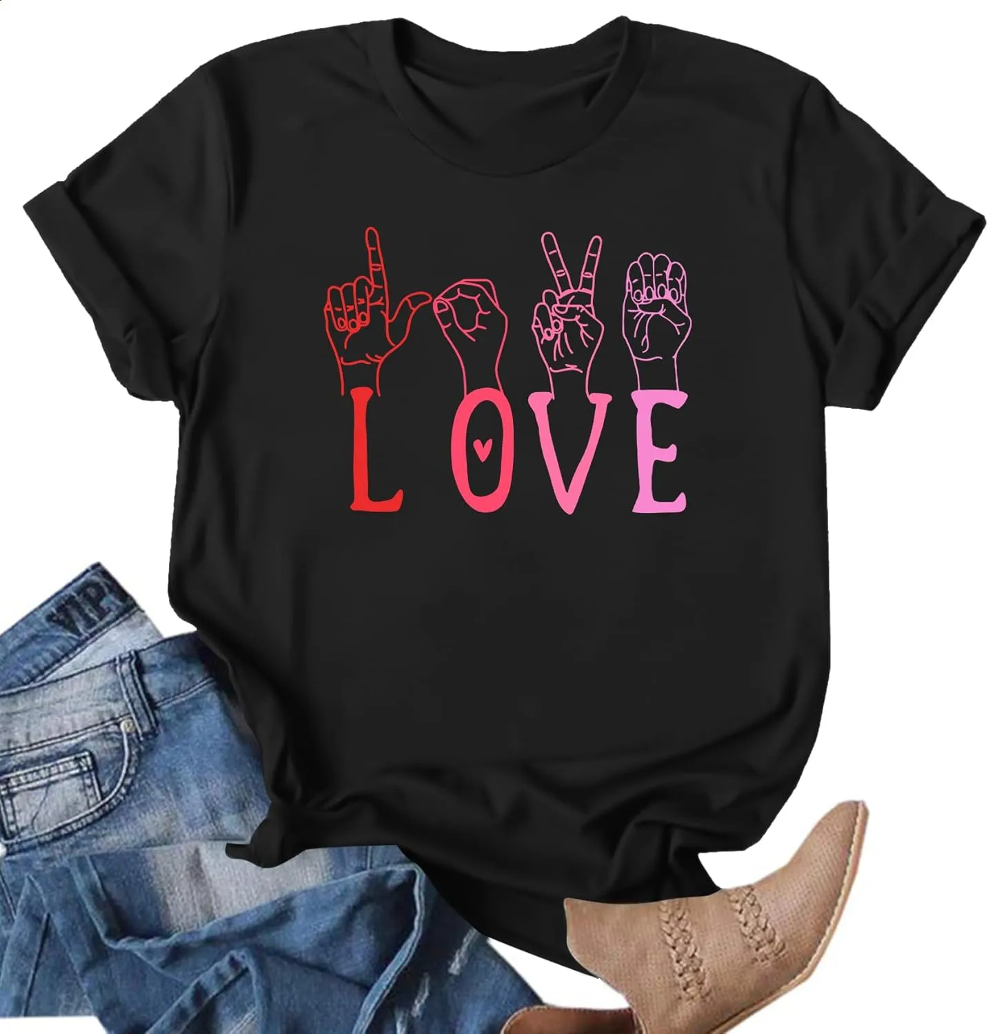 VVNTY Valentines Shirts Women Love Sign Tops Hand Language Graphic Tee