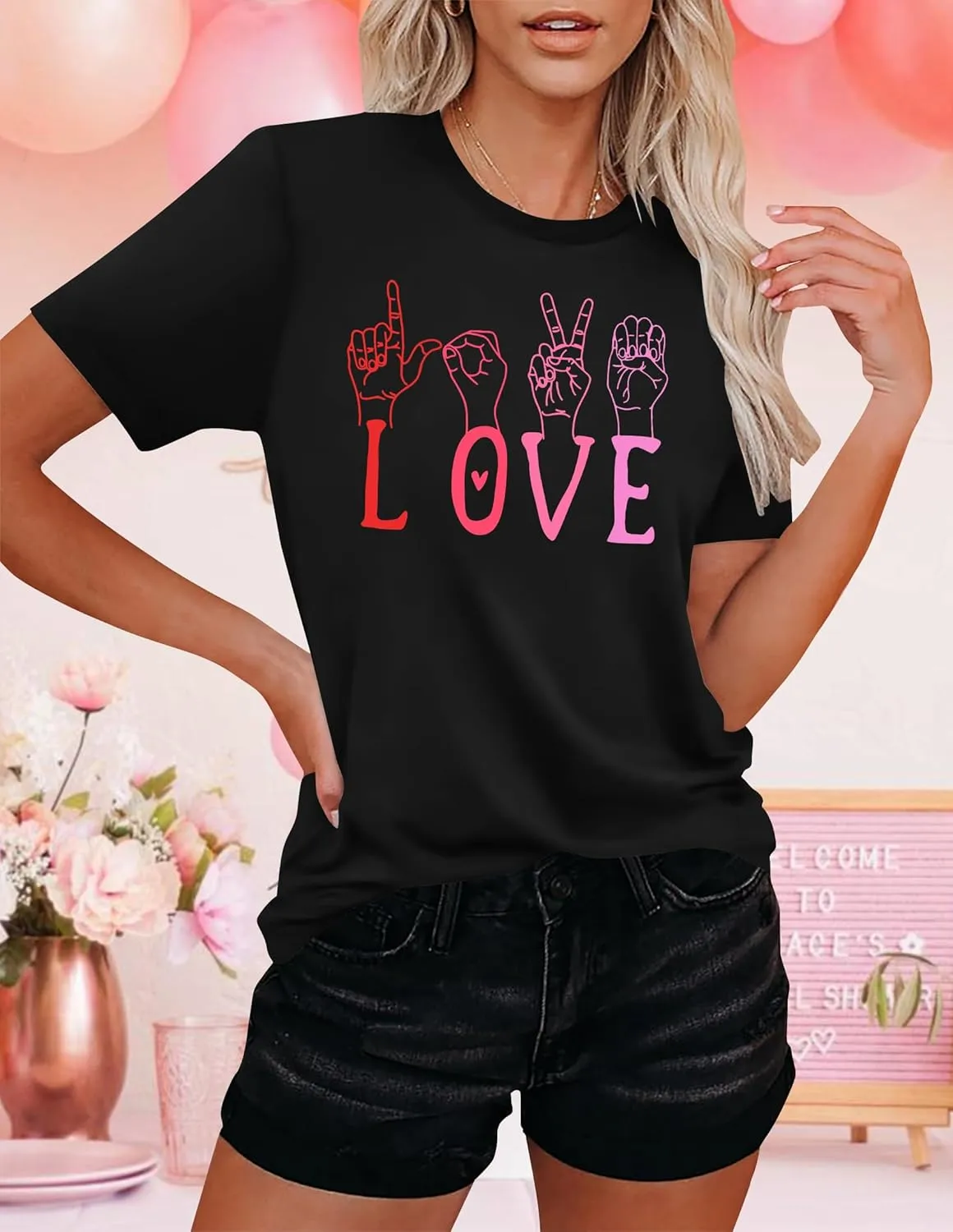 VVNTY Valentines Shirts Women Love Sign Tops Hand Language Graphic Tee