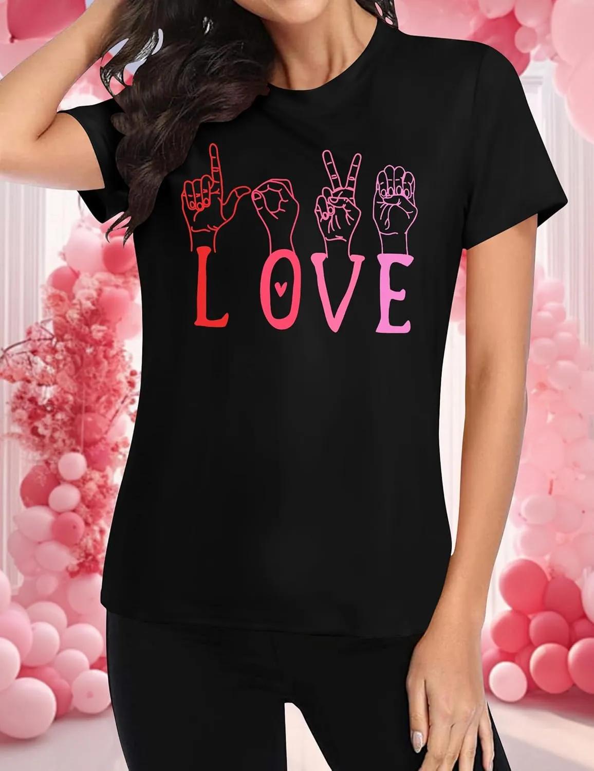 VVNTY Valentines Shirts Women Love Sign Tops Hand Language Graphic Tee