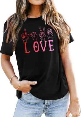 VVNTY Valentines Shirts Women Love Sign Tops Hand Language Graphic Tee