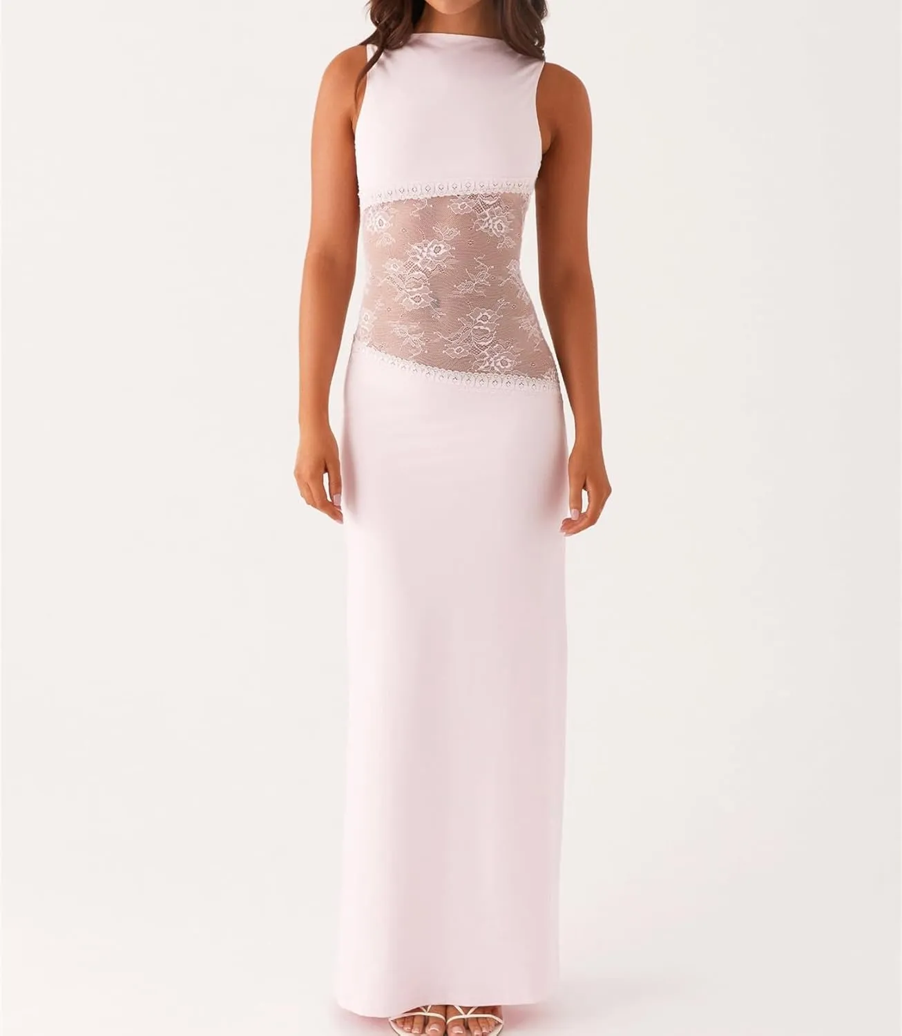 Women Elegant Maxi Tank Dress Sexy Cut Out Lace Patchwork Open Back Cocktail Party Bodycon Long Dress