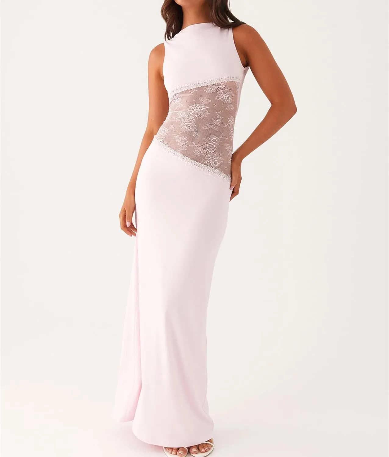 Women Elegant Maxi Tank Dress Sexy Cut Out Lace Patchwork Open Back Cocktail Party Bodycon Long Dress