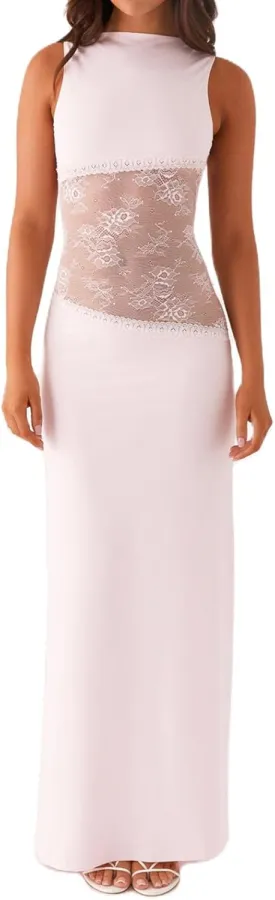 Women Elegant Maxi Tank Dress Sexy Cut Out Lace Patchwork Open Back Cocktail Party Bodycon Long Dress