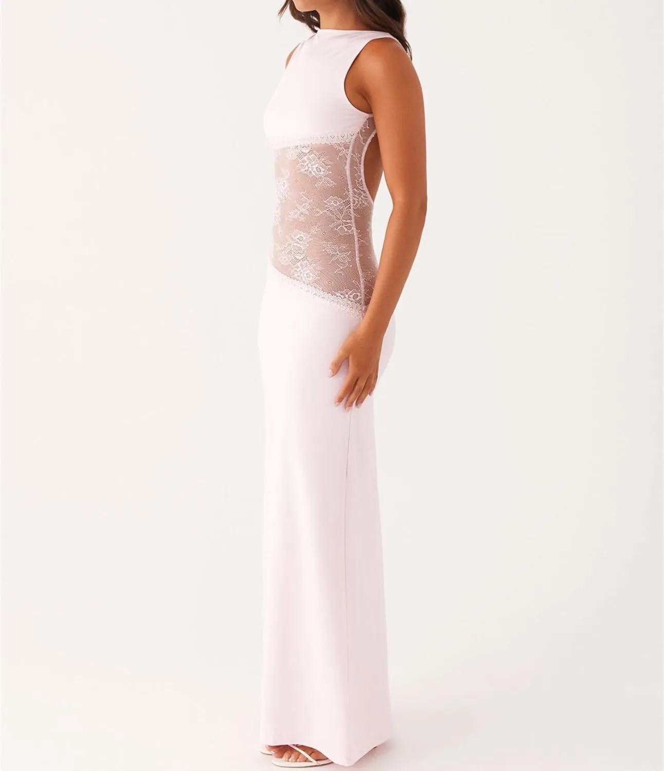 Women Elegant Maxi Tank Dress Sexy Cut Out Lace Patchwork Open Back Cocktail Party Bodycon Long Dress