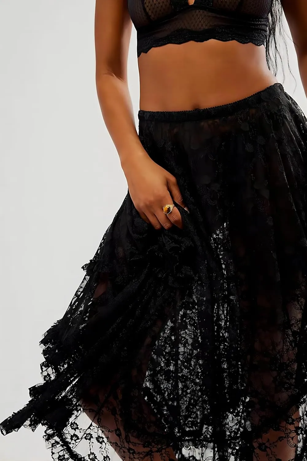 Women Floral Lace Long Skirt Asymmetrical Layered Summer Sheer Maxi Skirts Sexy See-Through Flowy Boho Beach Skirt