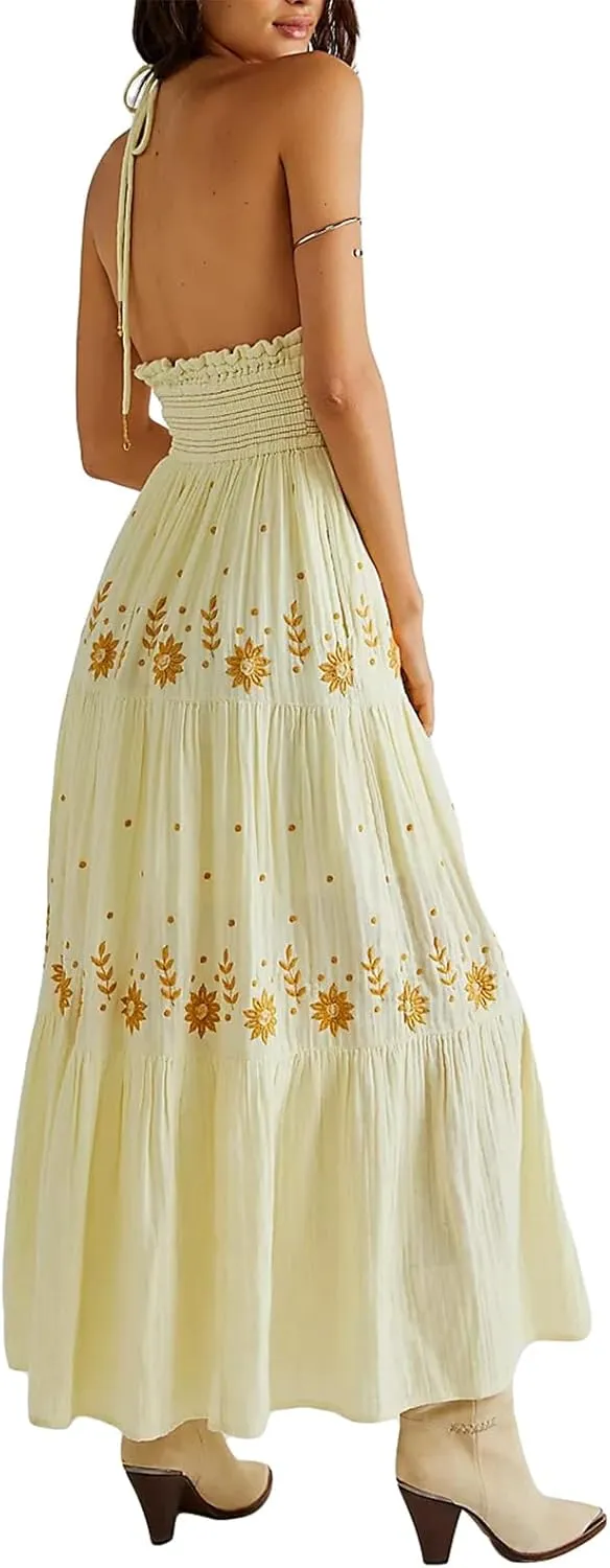 Women Floral Maxi Dress Y2k Sleeveless Backless Spaghetti Strap A-Line Long Flowy Dress Summer Vacation Sundress