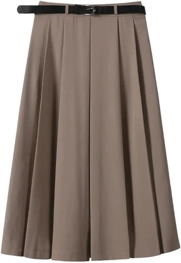 Women Leather Longskirts for Belt Skirts A-Line Pleated Skirt French Style Skirt