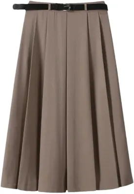 Women Leather Longskirts for Belt Skirts A-Line Pleated Skirt French Style Skirt