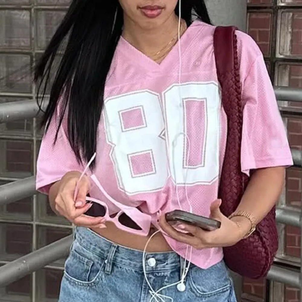 Women Oversized Jersey Shirt Y2k Number Graphic T Shirt Loose Fit Short Sleeve Top Going Out Streetwear