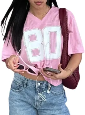 Women Oversized Jersey Shirt Y2k Number Graphic T Shirt Loose Fit Short Sleeve Top Going Out Streetwear