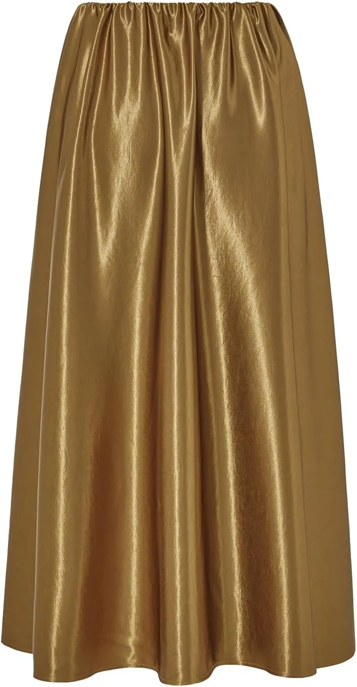 Women Satin Pleated Skirt Solid Color Elastic Waist A Line Flowy Midi Length Skirt
