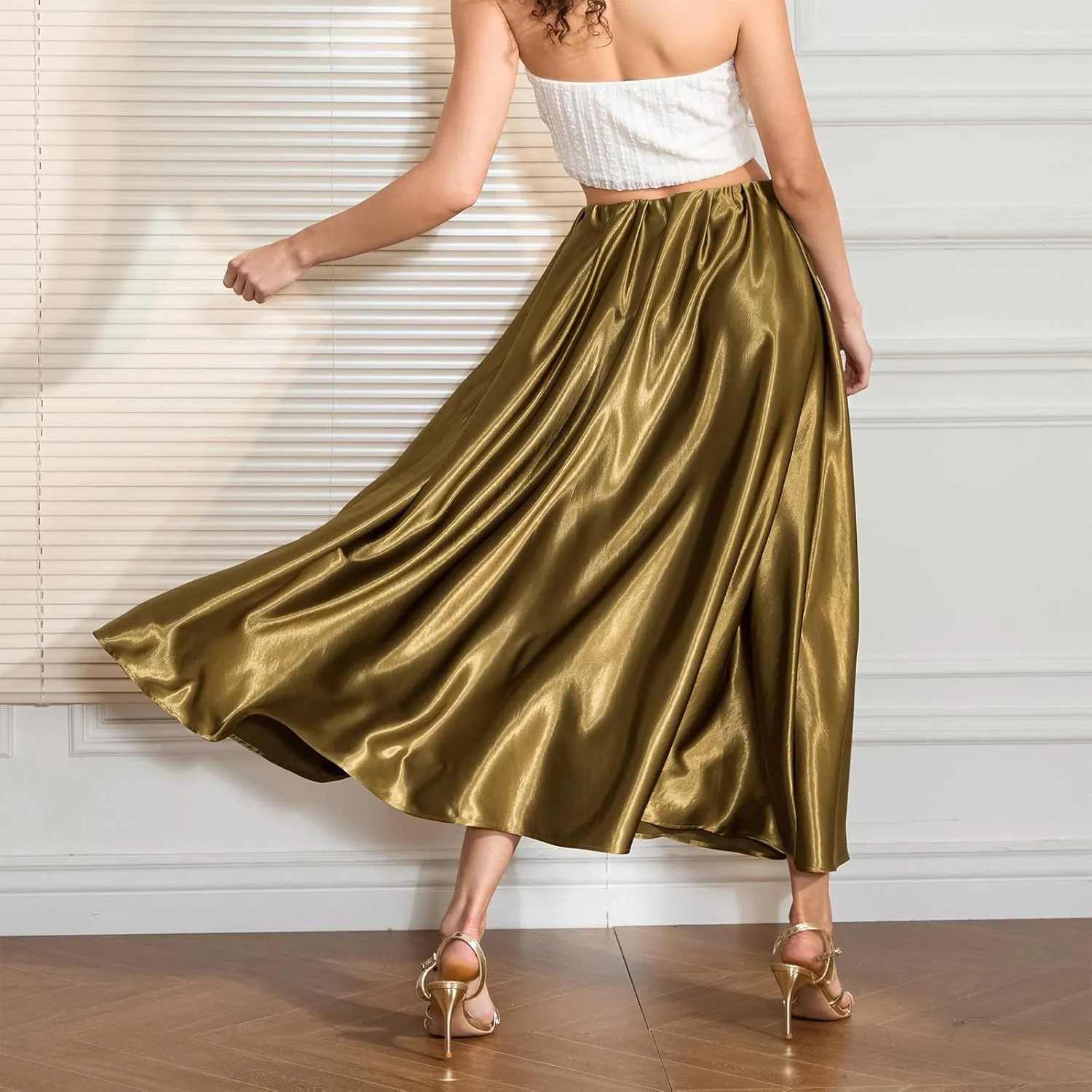 Women Satin Pleated Skirt Solid Color Elastic Waist A Line Flowy Midi Length Skirt