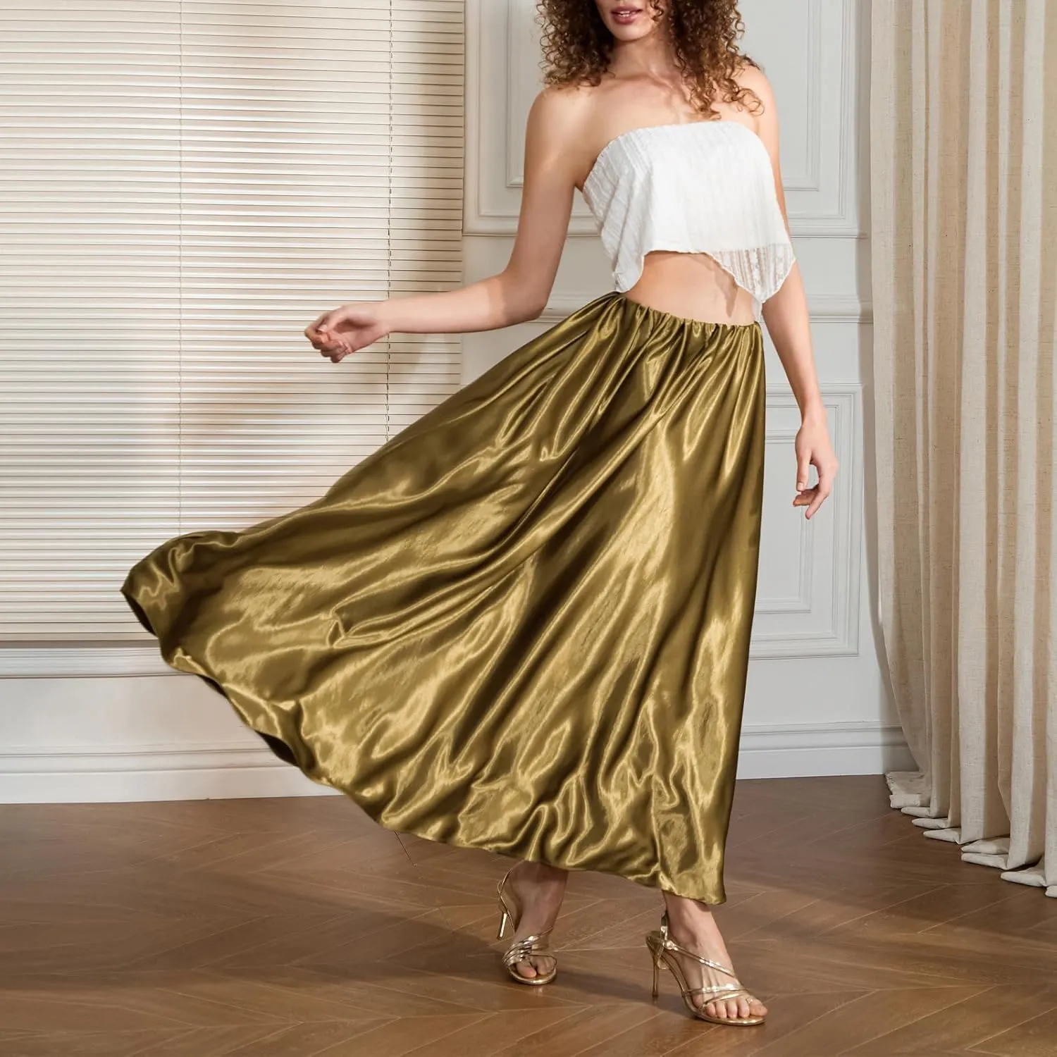 Women Satin Pleated Skirt Solid Color Elastic Waist A Line Flowy Midi Length Skirt