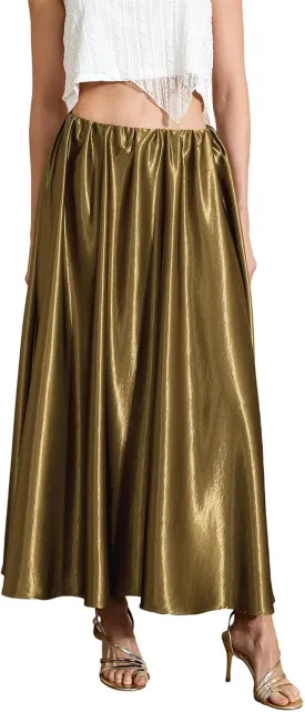 Women Satin Pleated Skirt Solid Color Elastic Waist A Line Flowy Midi Length Skirt