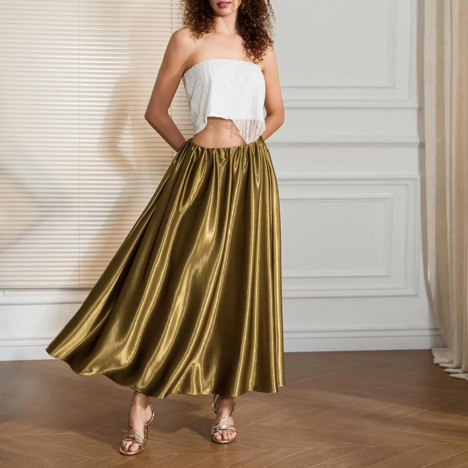 Women Satin Pleated Skirt Solid Color Elastic Waist A Line Flowy Midi Length Skirt