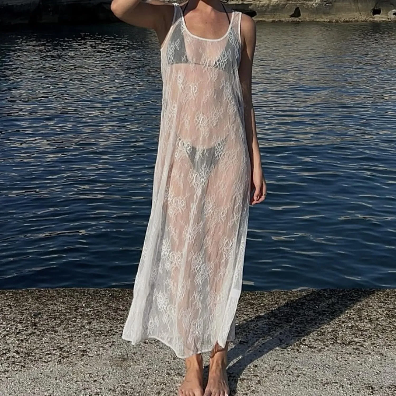 Women See Through Sheer Lace Maxi Dress Sexy Backless Patchwork Long Slip Dresses Y2K Bodycon Vocation Beachwear
