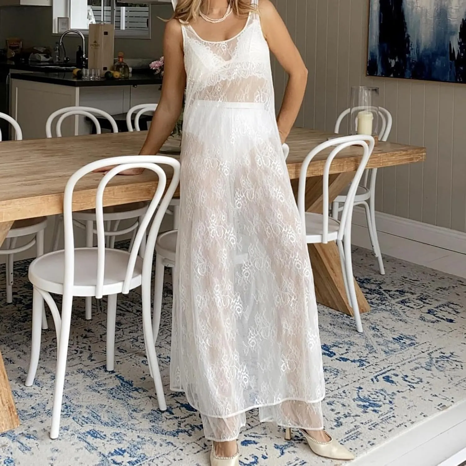 Women See Through Sheer Lace Maxi Dress Sexy Backless Patchwork Long Slip Dresses Y2K Bodycon Vocation Beachwear