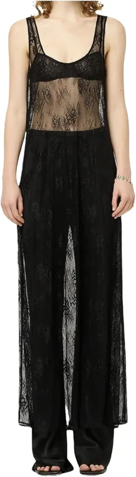 Women See Through Sheer Lace Maxi Dress Sexy Backless Patchwork Long Slip Dresses Y2K Bodycon Vocation Beachwear