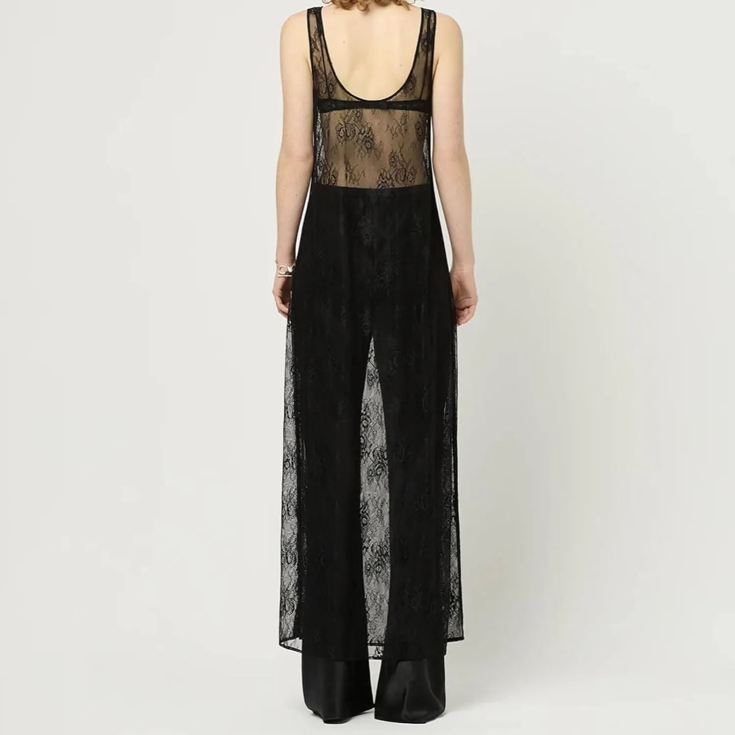 Women See Through Sheer Lace Maxi Dress Sexy Backless Patchwork Long Slip Dresses Y2K Bodycon Vocation Beachwear