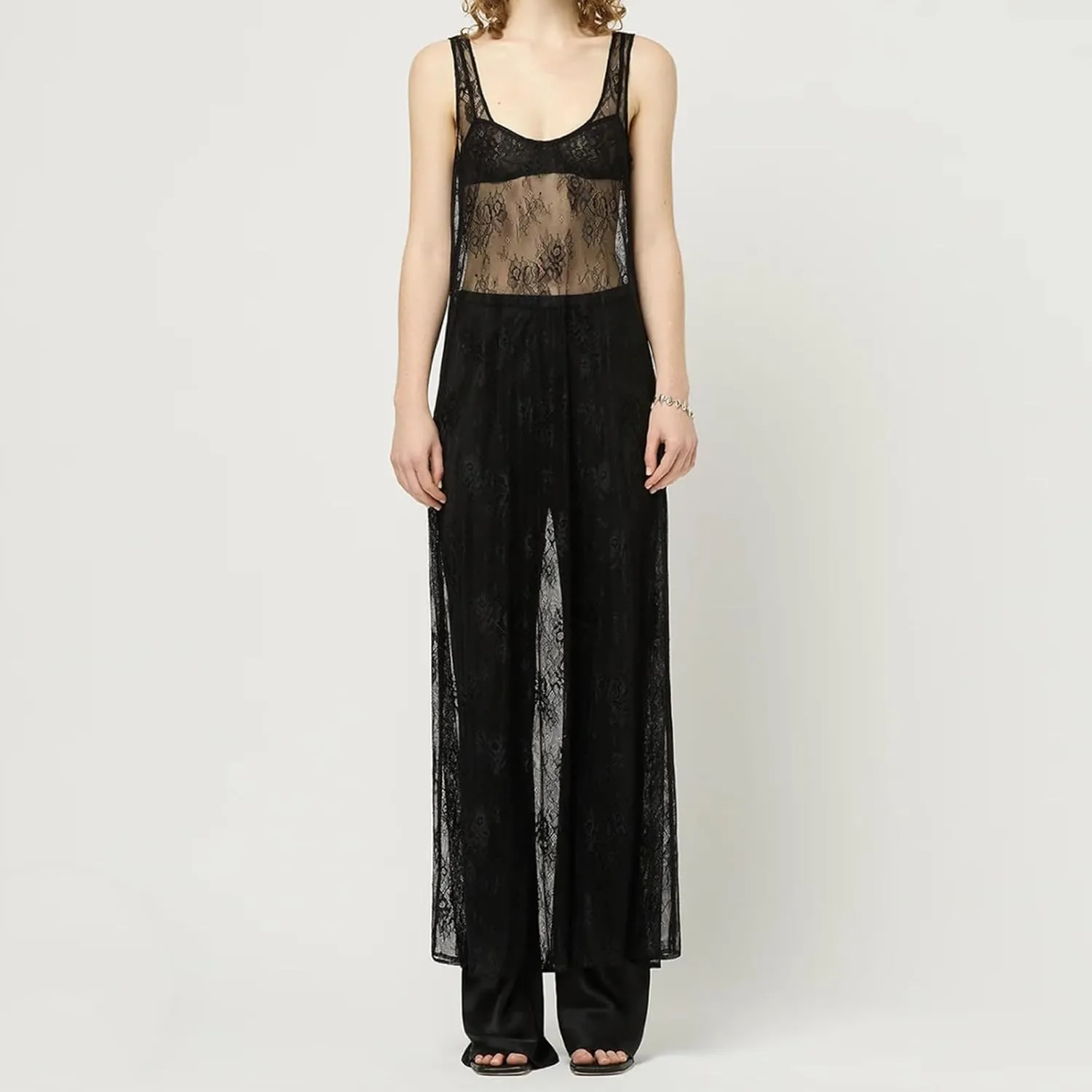 Women See Through Sheer Lace Maxi Dress Sexy Backless Patchwork Long Slip Dresses Y2K Bodycon Vocation Beachwear