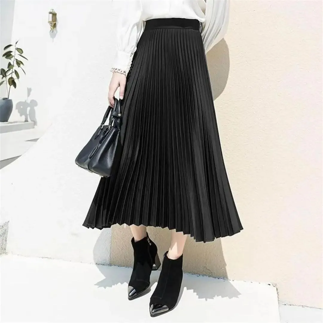 Women Wide Elastic Waistband High Waist Pleated A-Line Skirt Smooth Satin Long Skirt
