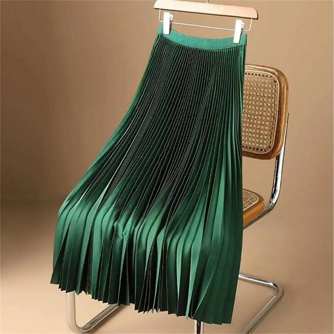 Women Wide Elastic Waistband High Waist Pleated A-Line Skirt Smooth Satin Long Skirt