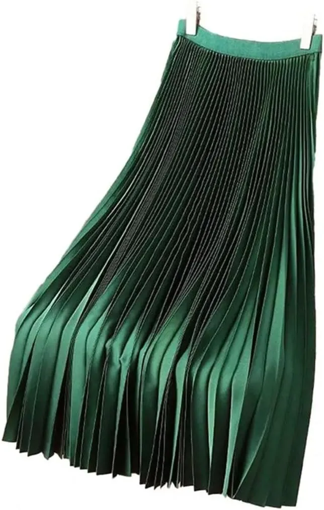 Women Wide Elastic Waistband High Waist Pleated A-Line Skirt Smooth Satin Long Skirt