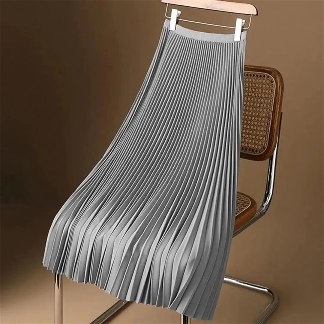 Women Wide Elastic Waistband High Waist Pleated A-Line Skirt Smooth Satin Long Skirt
