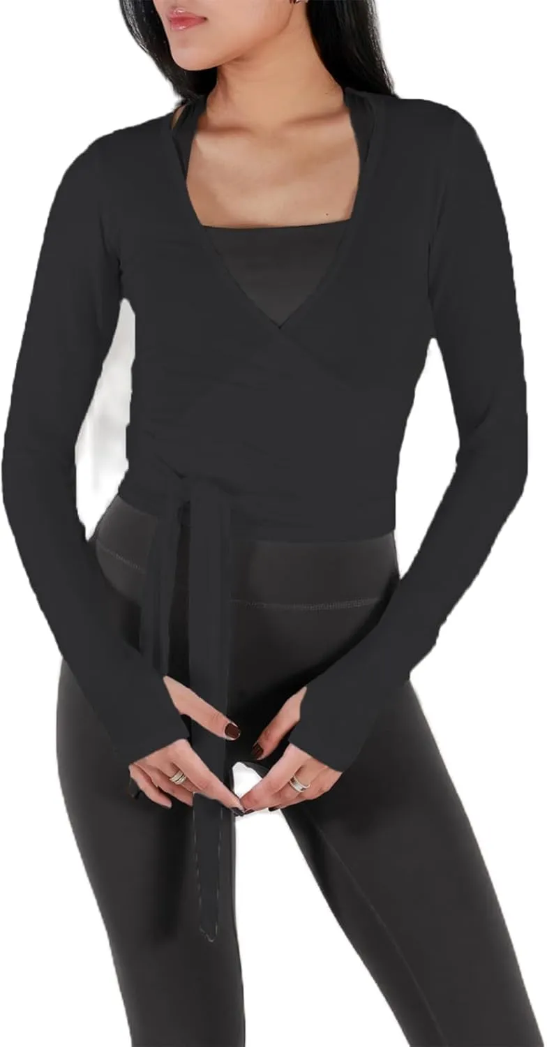 Women's Ballet Wrap Top Long Sleeve Tie Workout Pilates Yoga Wrap Top