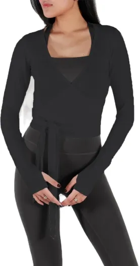 Women's Ballet Wrap Top Long Sleeve Tie Workout Pilates Yoga Wrap Top