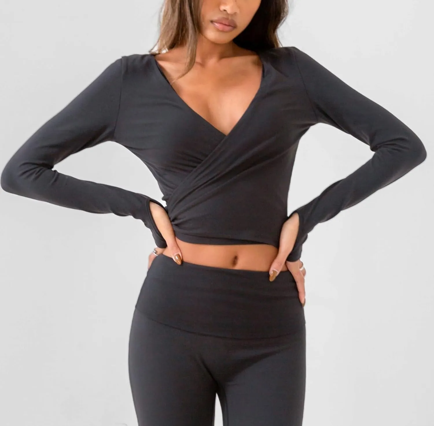 Women's Ballet Wrap Top Long Sleeve Tie Workout Pilates Yoga Wrap Top