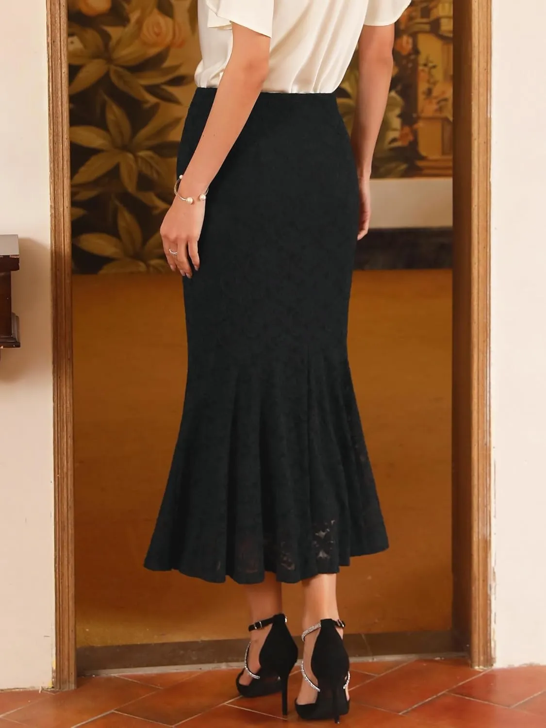Women's Cocktail Skirts Wedding Guest 2025 Spring Lace Ruffle Hem Midi Mermaid Skirt