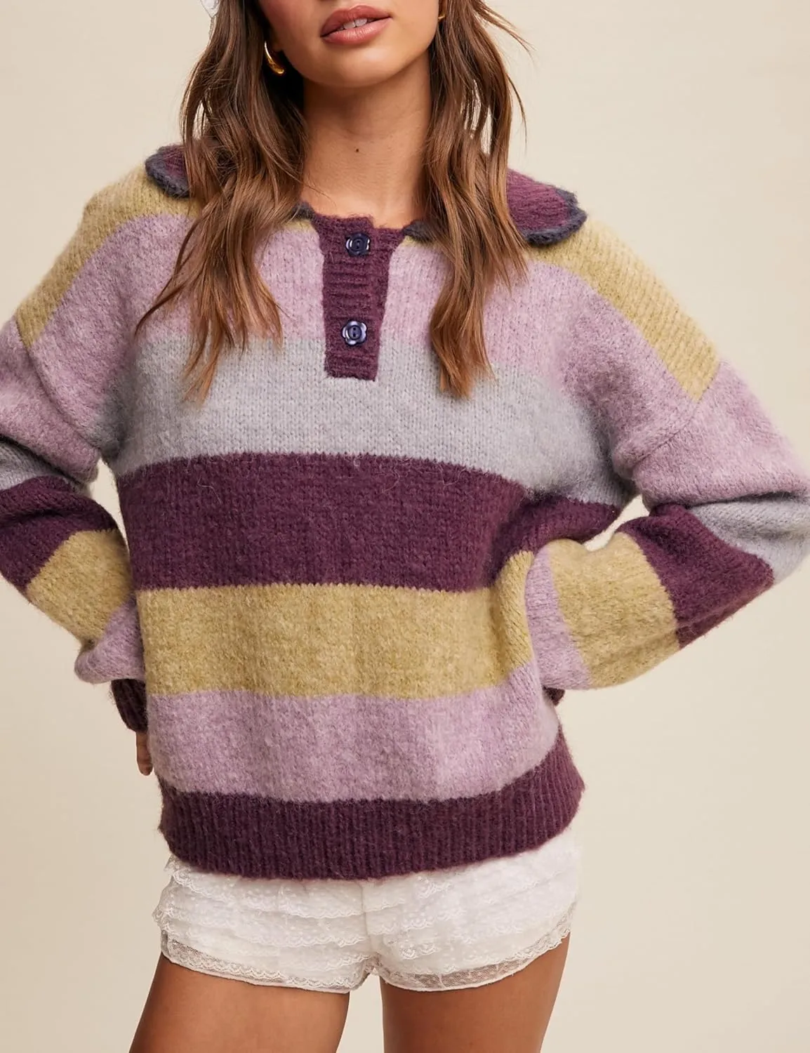 Womens Cozy Multi Striped Sweater Lapel Scalloped Collar Color Block Loose Knit Pullover Coats