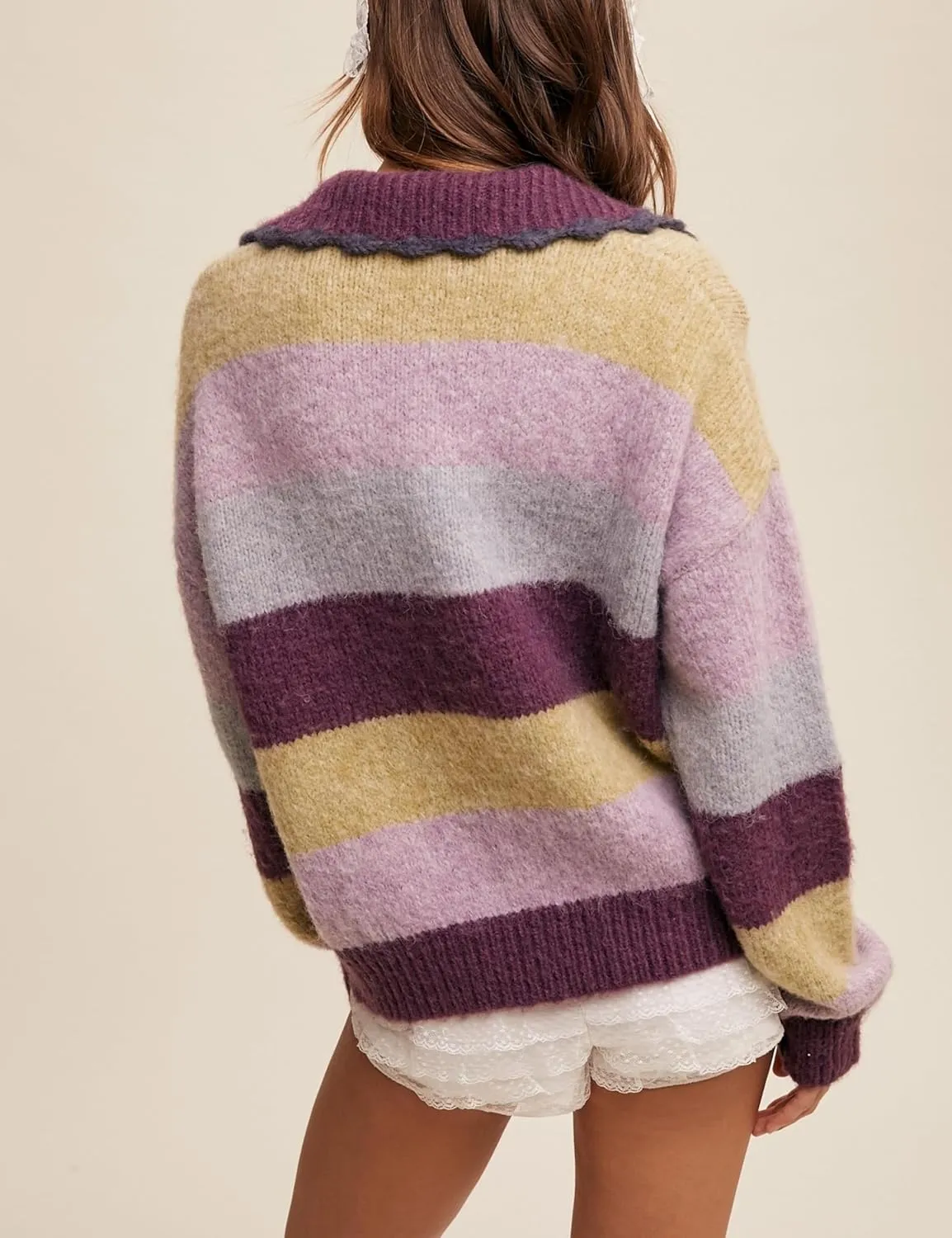 Womens Cozy Multi Striped Sweater Lapel Scalloped Collar Color Block Loose Knit Pullover Coats