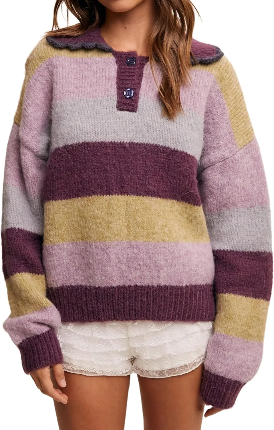 Womens Cozy Multi Striped Sweater Lapel Scalloped Collar Color Block Loose Knit Pullover Coats