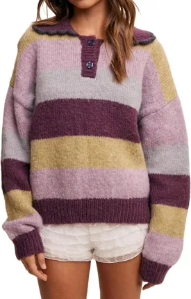 Womens Cozy Multi Striped Sweater Lapel Scalloped Collar Color Block Loose Knit Pullover Coats