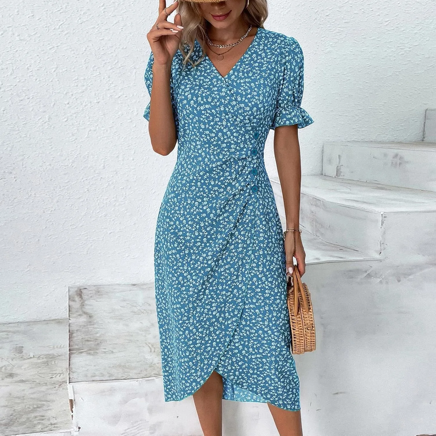 Women's Elegant Floral Print Midi Beach Dress with Short Sleeves and Button Detail Perfect for Summer Outings