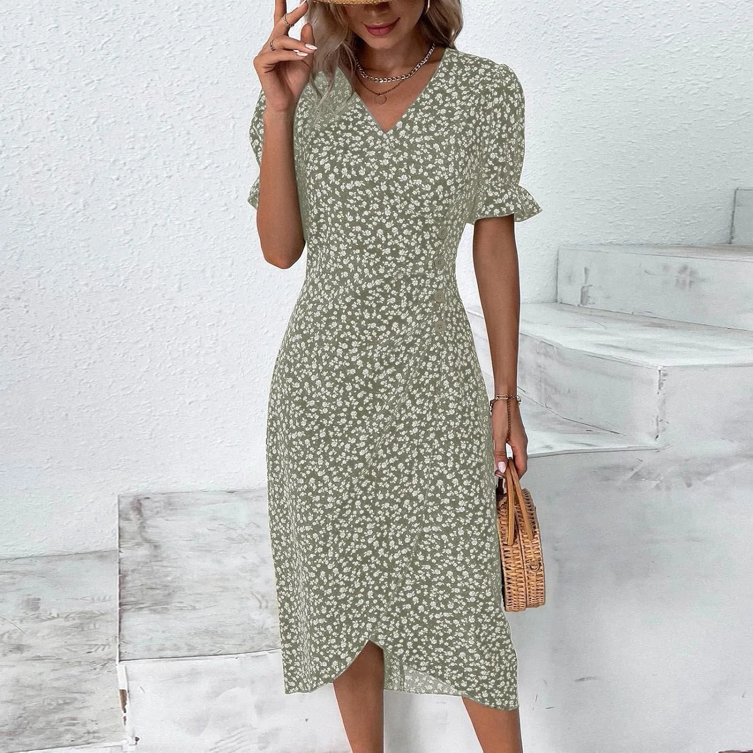 Women's Elegant Floral Print Midi Beach Dress with Short Sleeves and Button Detail Perfect for Summer Outings