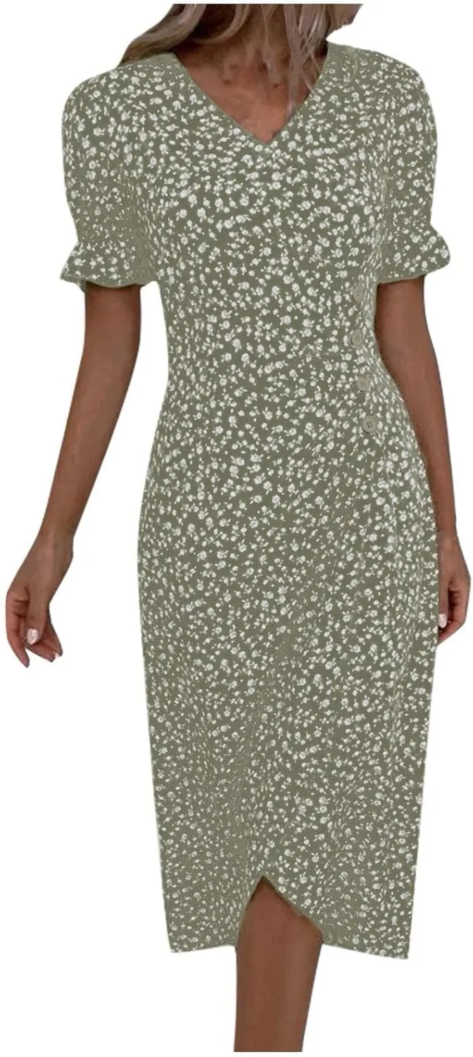 Women's Elegant Floral Print Midi Beach Dress with Short Sleeves and Button Detail Perfect for Summer Outings