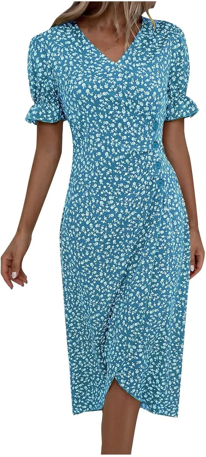 Women's Elegant Floral Print Midi Beach Dress with Short Sleeves and Button Detail Perfect for Summer Outings