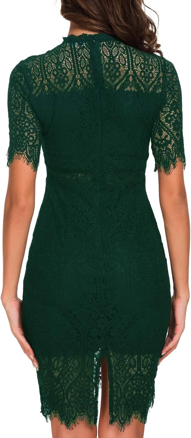 Women's Elegant High Neck Short Sleeves Lace Cocktail Party Dress
