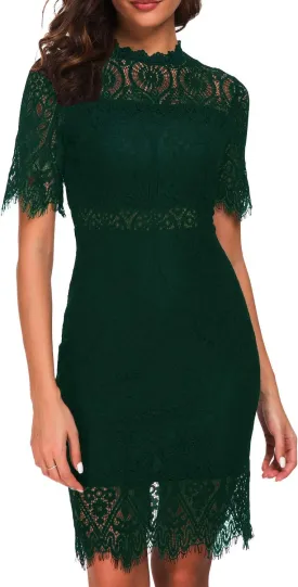 Women's Elegant High Neck Short Sleeves Lace Cocktail Party Dress