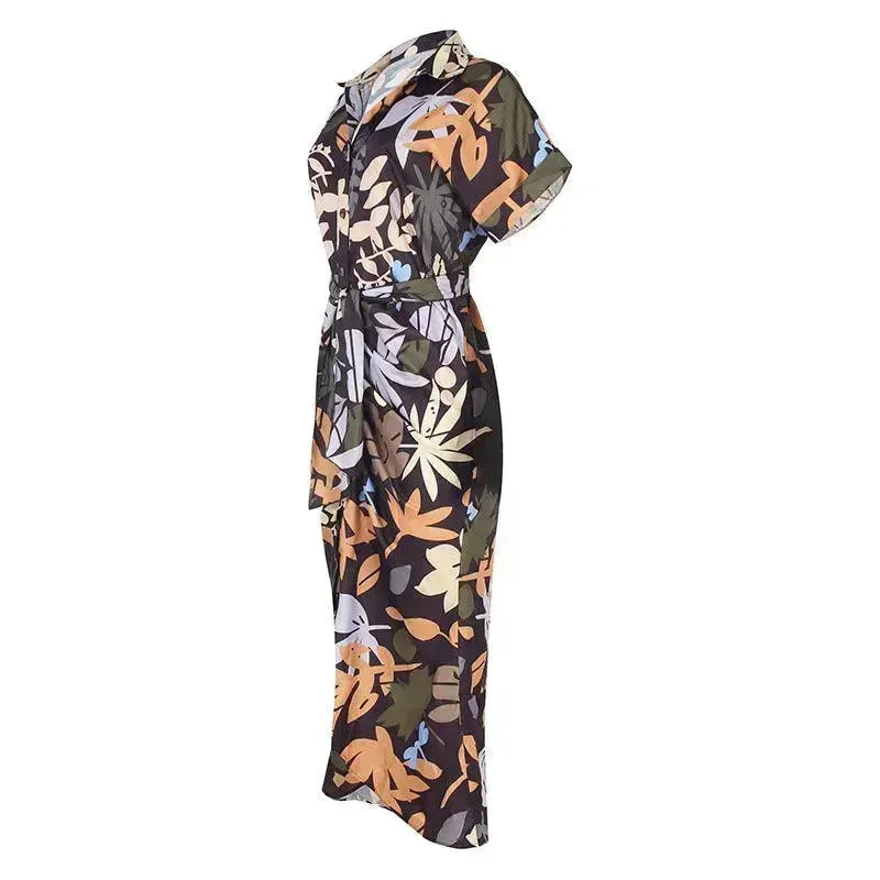 Women's Fashion Printed Temperament Loose Casual Lace-up Dress