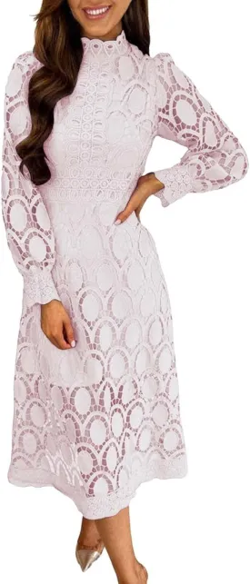Women's Flowy Lace Formal Dress Womens Sexy Long Puff Sleeve Stand Collar Tight Waist Long Dress Lace Maxi Dress for Women