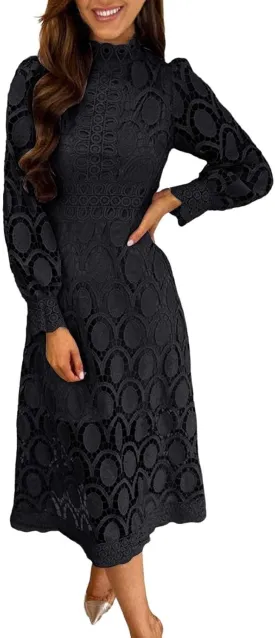 Women's Flowy Lace Formal Dress Womens Sexy Long Puff Sleeve Stand Collar Tight Waist Long Dress Lace Maxi Dress for Women