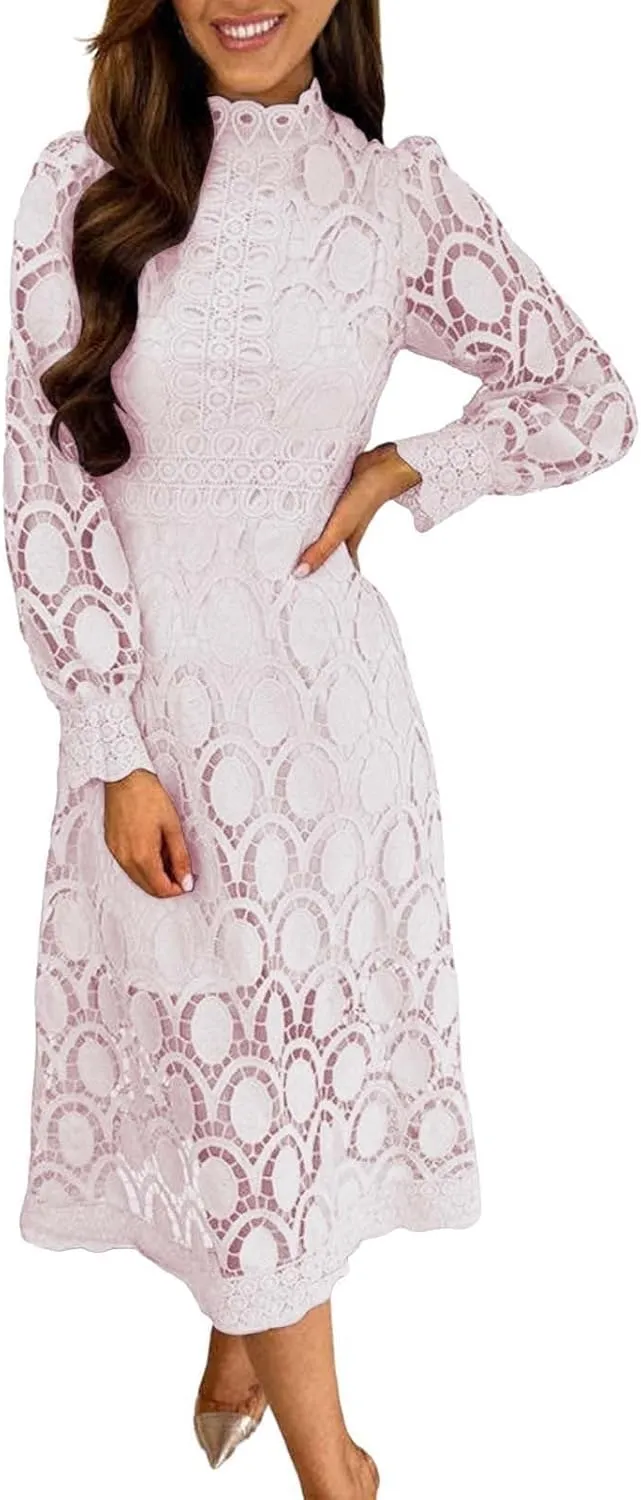 Women's Flowy Lace Formal Dress Womens Sexy Long Puff Sleeve Stand Collar Tight Waist Long Dress Lace Maxi Dress for Women