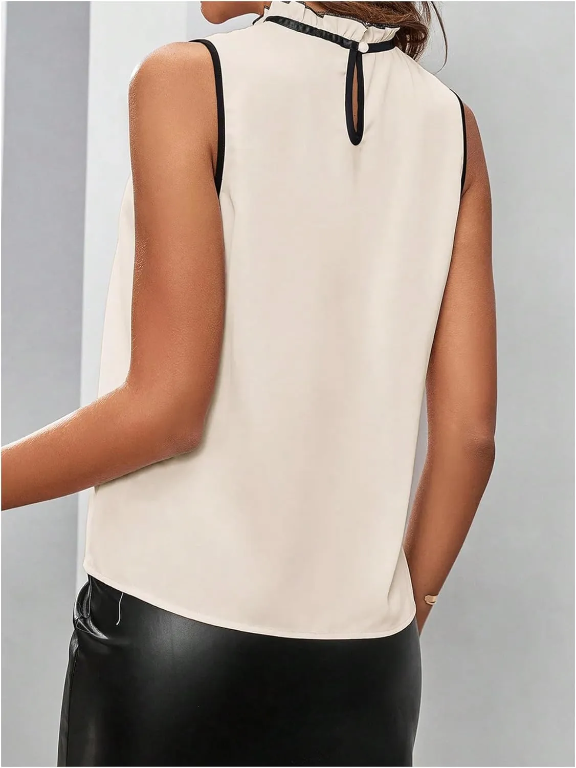 Women's High Neck Tank Top Sleeveless Lace Patchwork Tie Neck Loose Fit Work Blouse