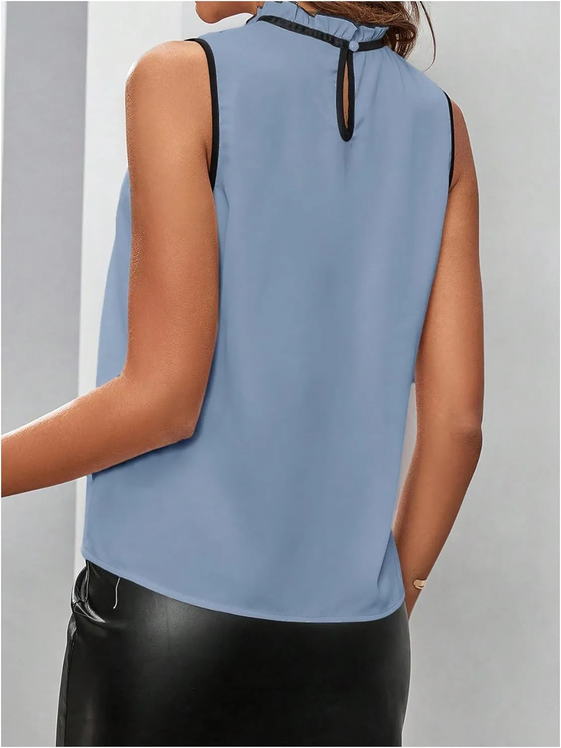 Women's High Neck Tank Top Sleeveless Lace Patchwork Tie Neck Loose Fit Work Blouse