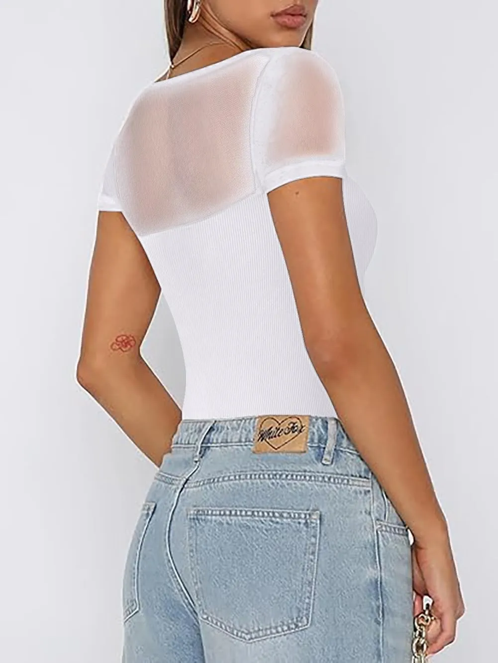 Women's Mesh Shoulder Transparent Casual Top Short Sleeved Tight Fitting Shirt Top Slim Fit Modified Abdominal Tops